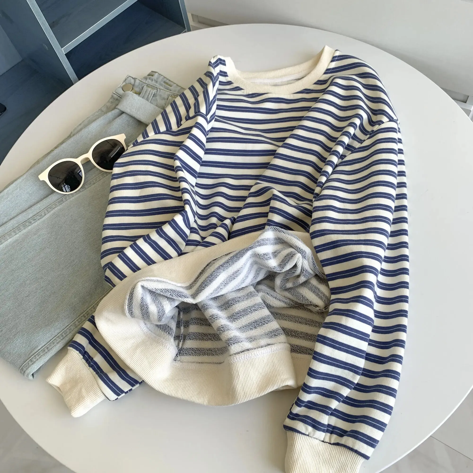 Amozae-Autumn Casual Outfits Amozae-Striped Sweatshirt Round Neck Women's Casual Oversized Hoodie Black And White / Blue And White