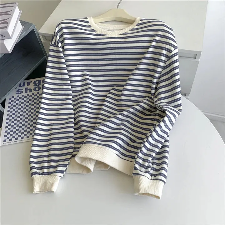 Amozae-Autumn Casual Outfits Amozae-Striped Sweatshirt Round Neck Women's Casual Oversized Hoodie Black And White / Blue And White