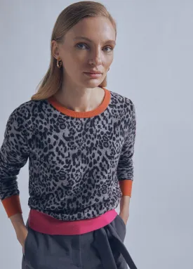 Animal print sweater with contrast cuffs