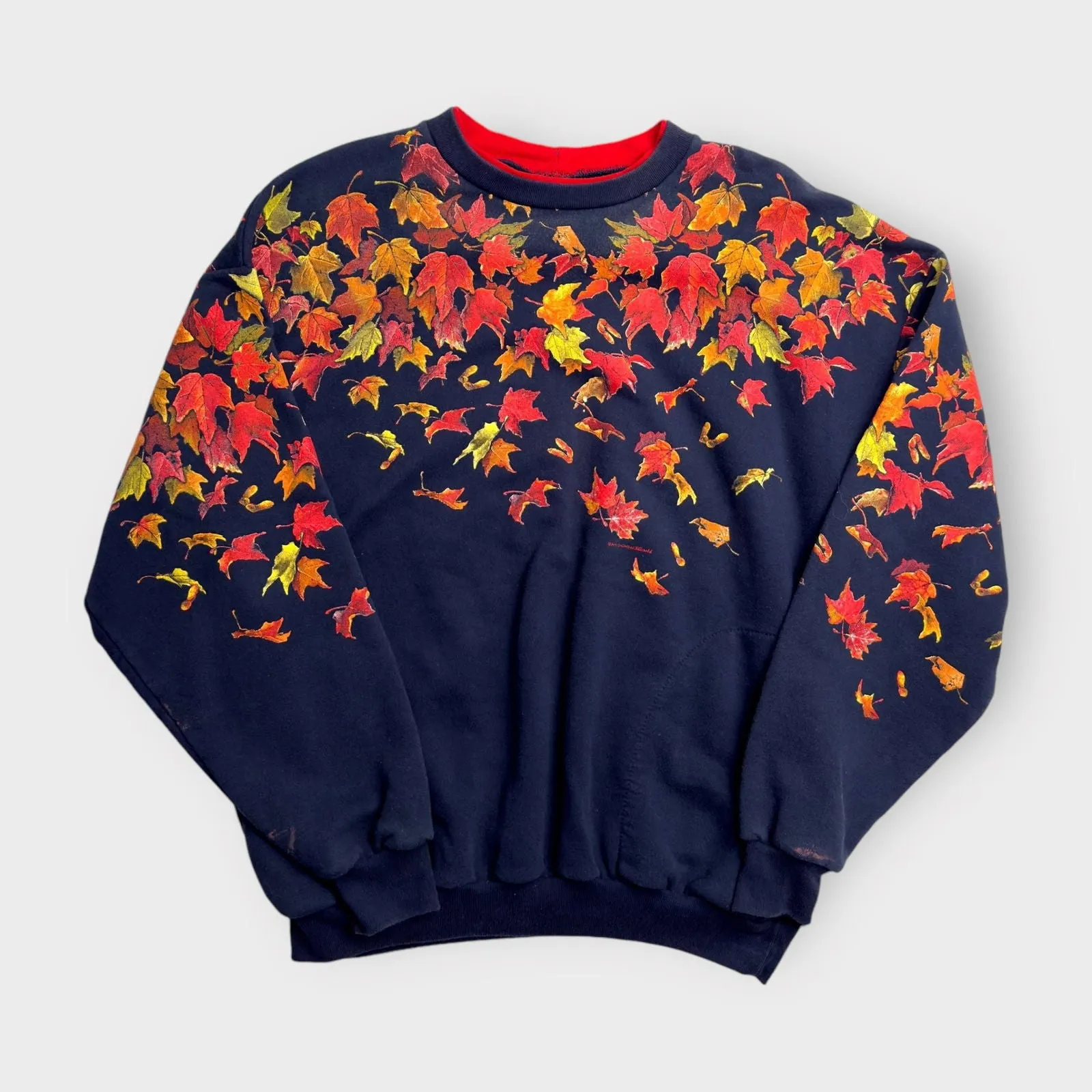 Art Unlimited Womens Crewneck Sweatshirt | XL | Navy Blue with Autumn Leaves | Pockets | Made in USA | Vintage