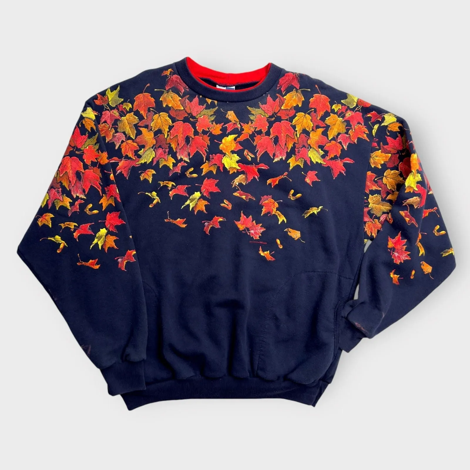 Art Unlimited Womens Crewneck Sweatshirt | XL | Navy Blue with Autumn Leaves | Pockets | Made in USA | Vintage