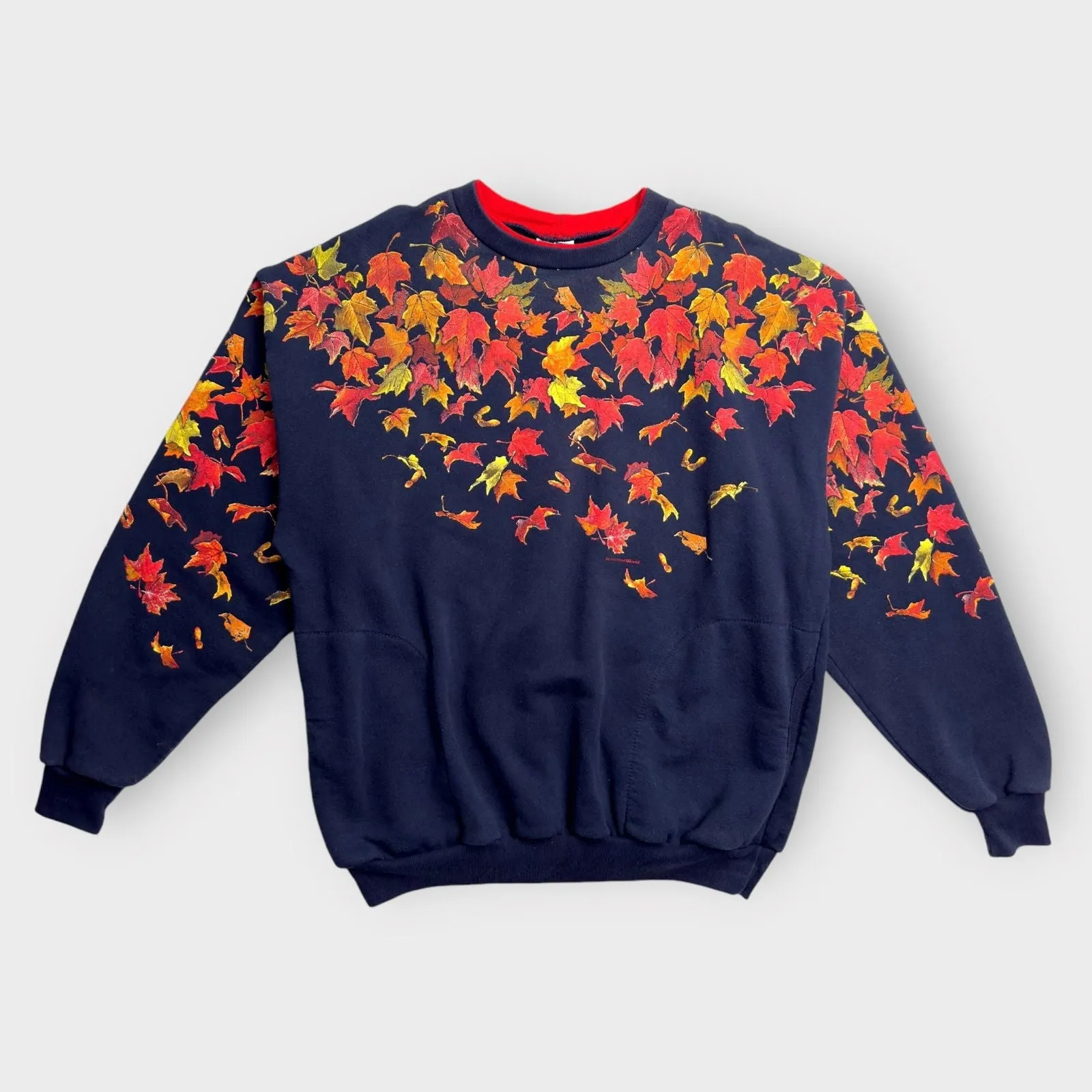 Art Unlimited Womens Crewneck Sweatshirt | XL | Navy Blue with Autumn Leaves | Pockets | Made in USA | Vintage