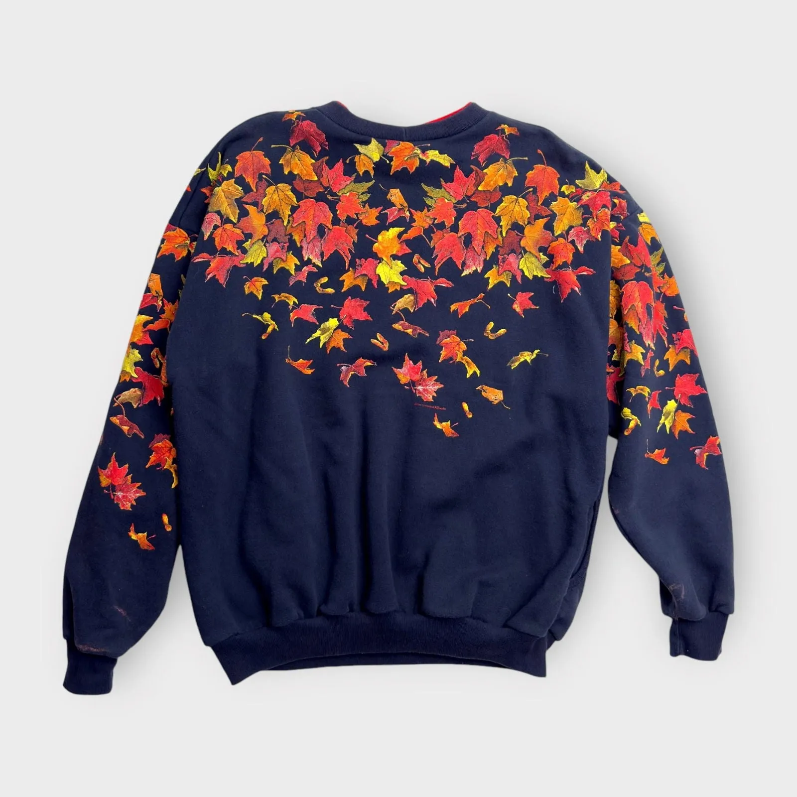 Art Unlimited Womens Crewneck Sweatshirt | XL | Navy Blue with Autumn Leaves | Pockets | Made in USA | Vintage