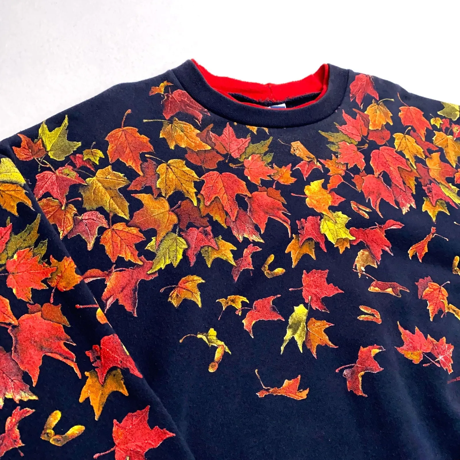 Art Unlimited Womens Crewneck Sweatshirt | XL | Navy Blue with Autumn Leaves | Pockets | Made in USA | Vintage