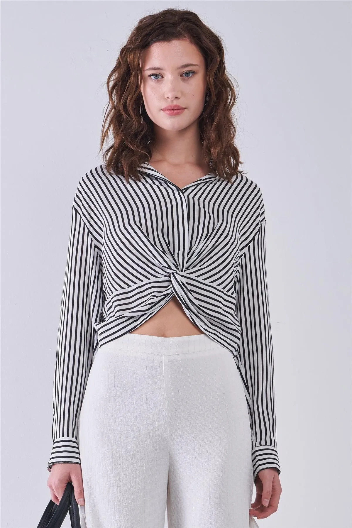 Black & White Striped Long Sleeve Twist Detail Elasticated Back Shirt /3-2-1