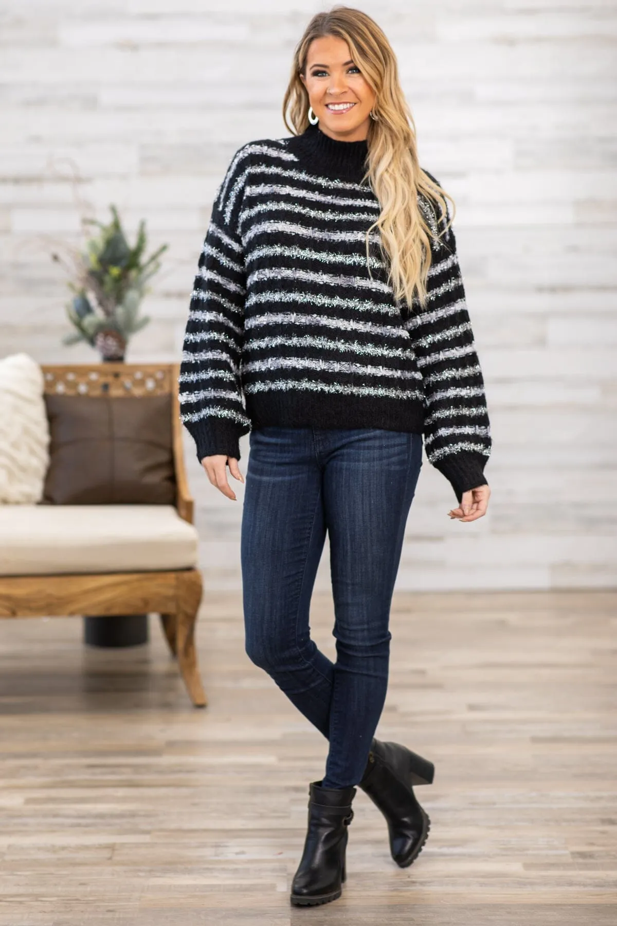 Black and Grey Stripe Eyelash Sweater