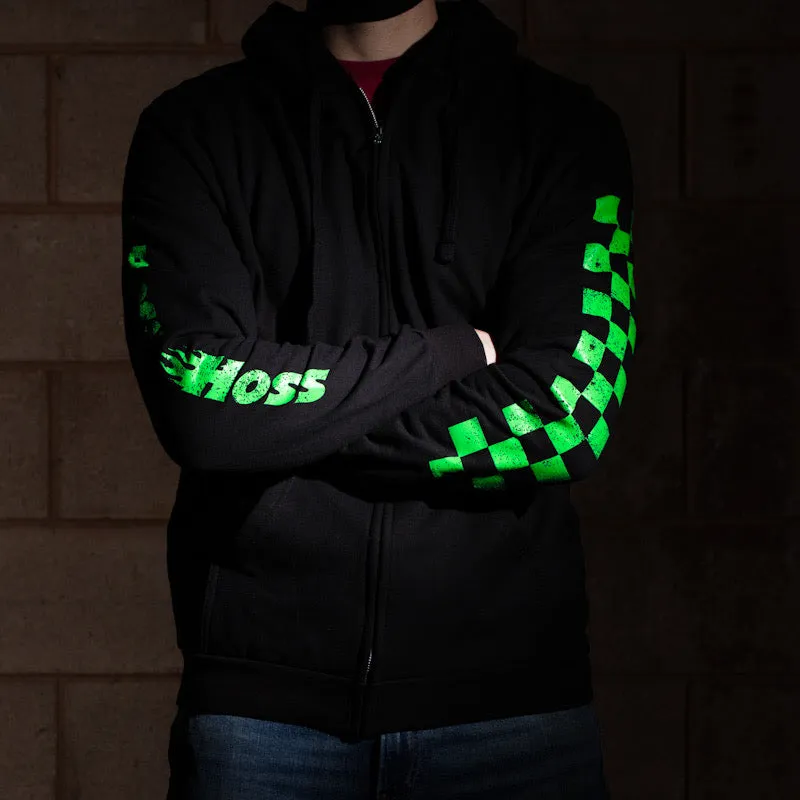 Black w/ Neon Green Checkered Flag Flaming Finish Zipper Sweatshirt