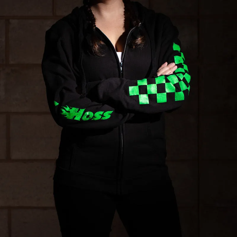 Black w/ Neon Green Checkered Flag Flaming Finish Zipper Sweatshirt