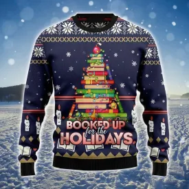 Book Ugly Christmas Sweater, Christmas Tree Ugly Sweater, Booked Up For The Holidays Ugly Sweater For Book Lover