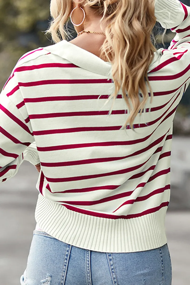 Casual Striped Patchwork Turndown Collar Tops(4 colors)