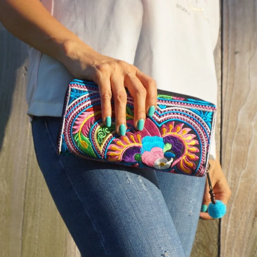 Colorful Embroidered Wallet - Boho Chic Vegan Wallet/Clutch Bag