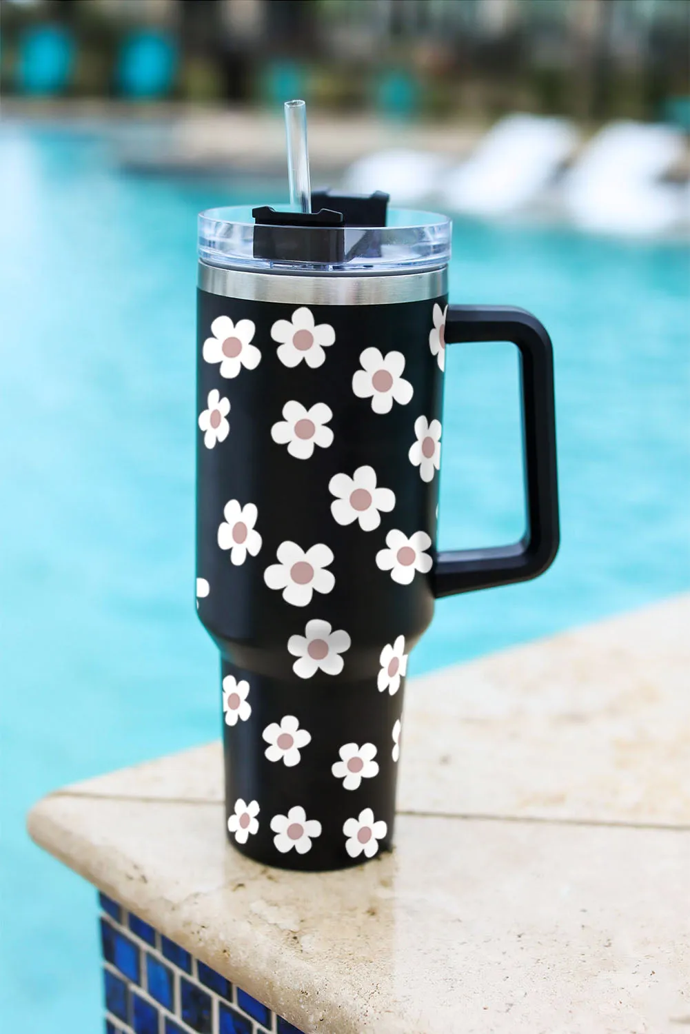 Dark Grey 60s Floral Print Stainless Tumbler With Lid And Straw