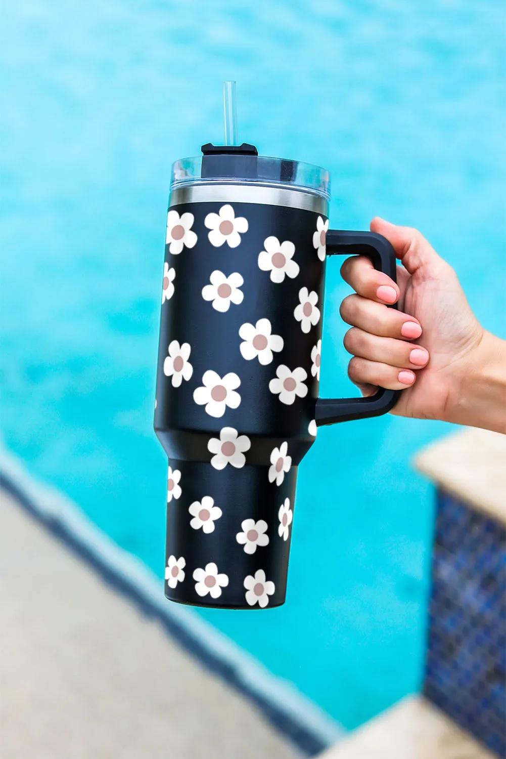 Dark Grey 60s Floral Print Stainless Tumbler With Lid And Straw