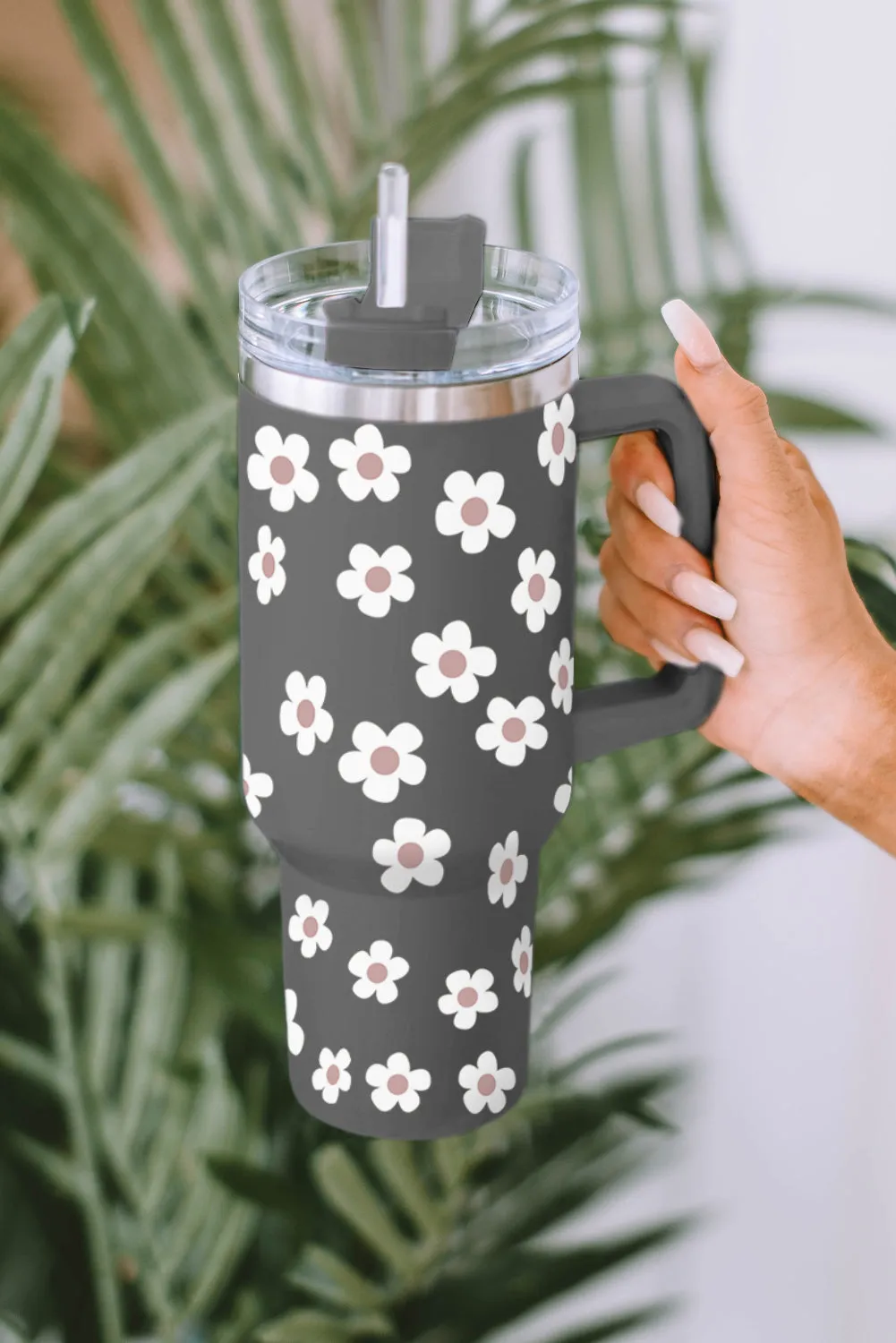 Dark Grey 60s Floral Print Stainless Tumbler With Lid And Straw