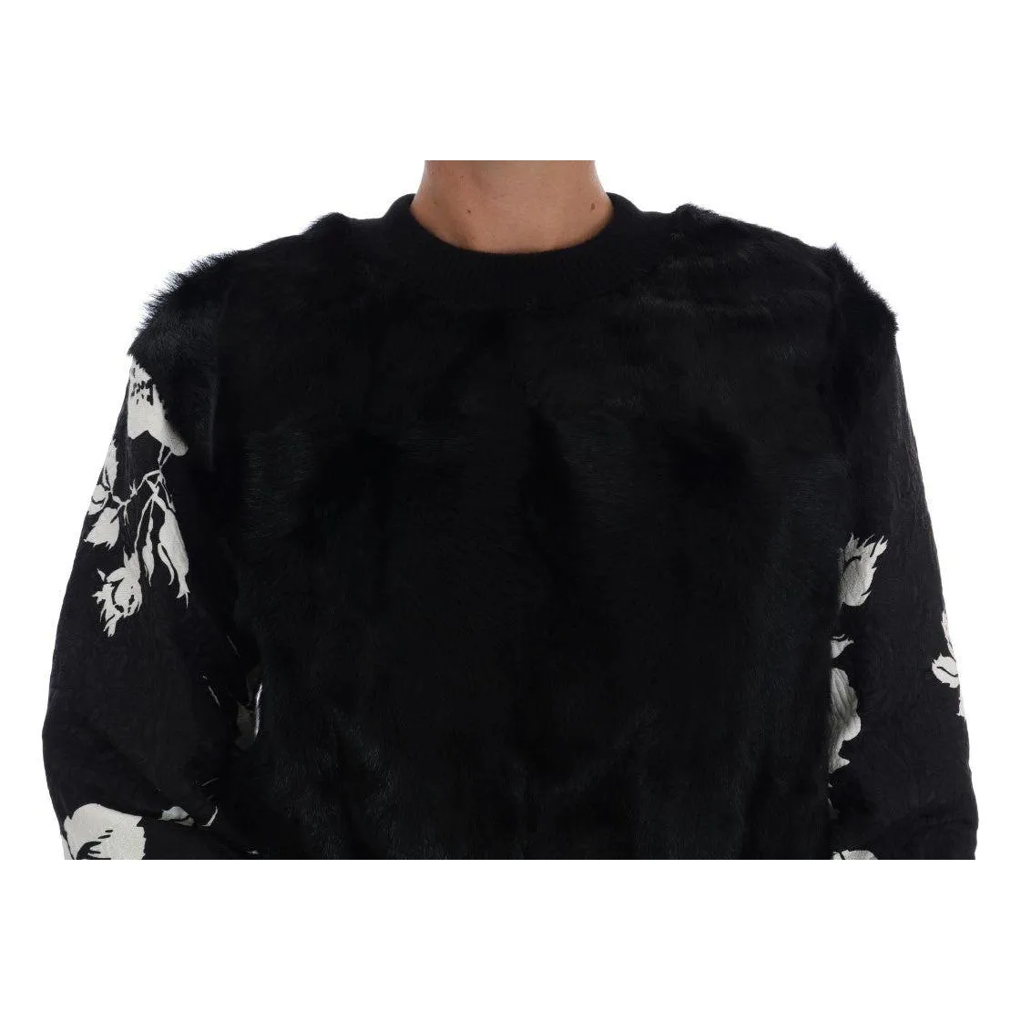 Dolce & Gabbana Floral Brocade Black Fur Sweater