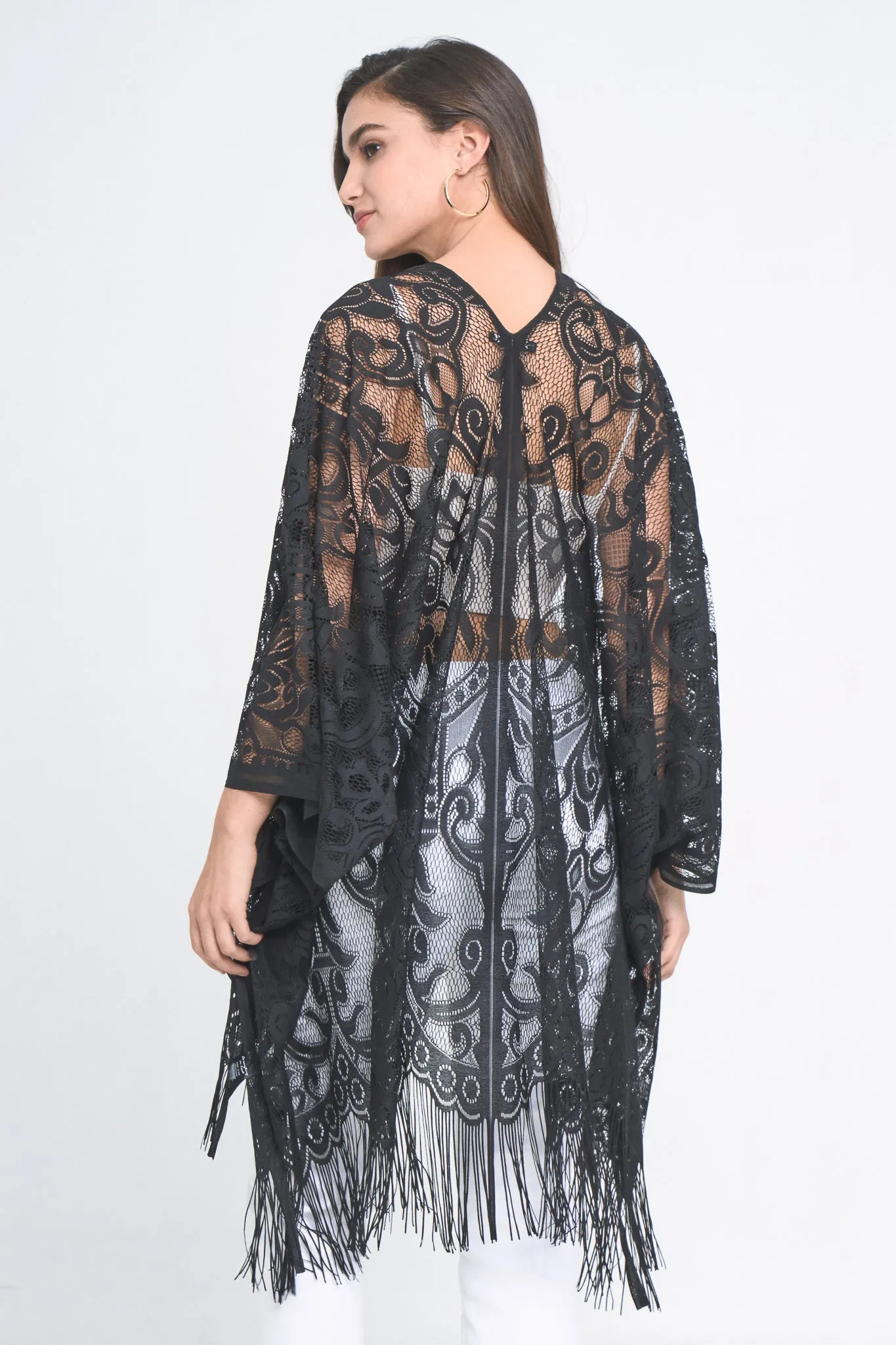 Floral Pattern Lace Kimono With Fringe