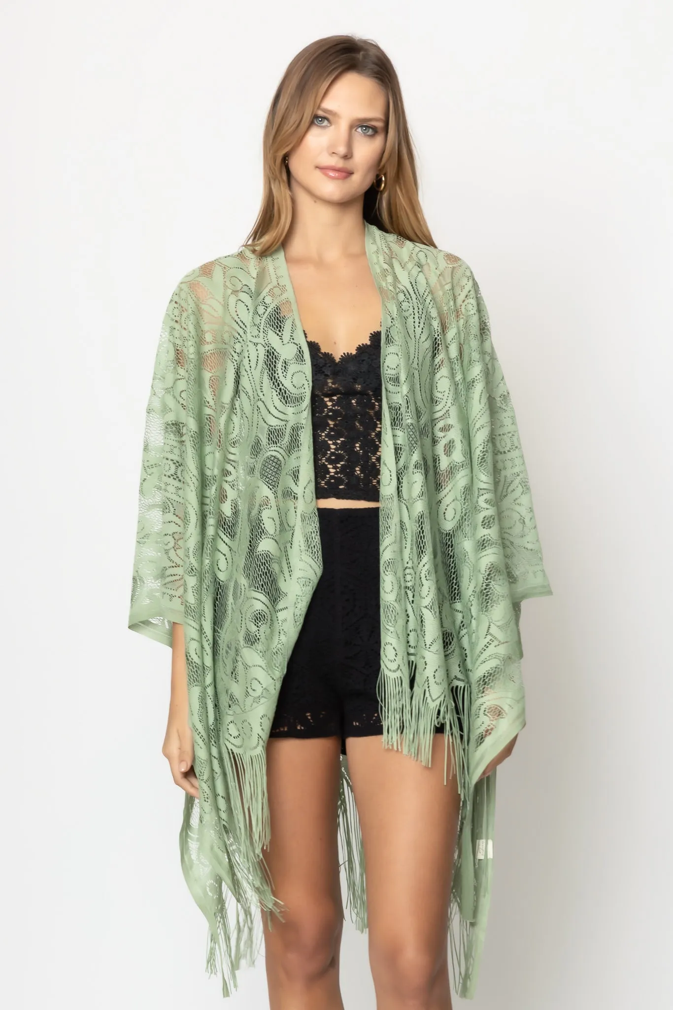 Floral Pattern Lace Kimono With Fringe