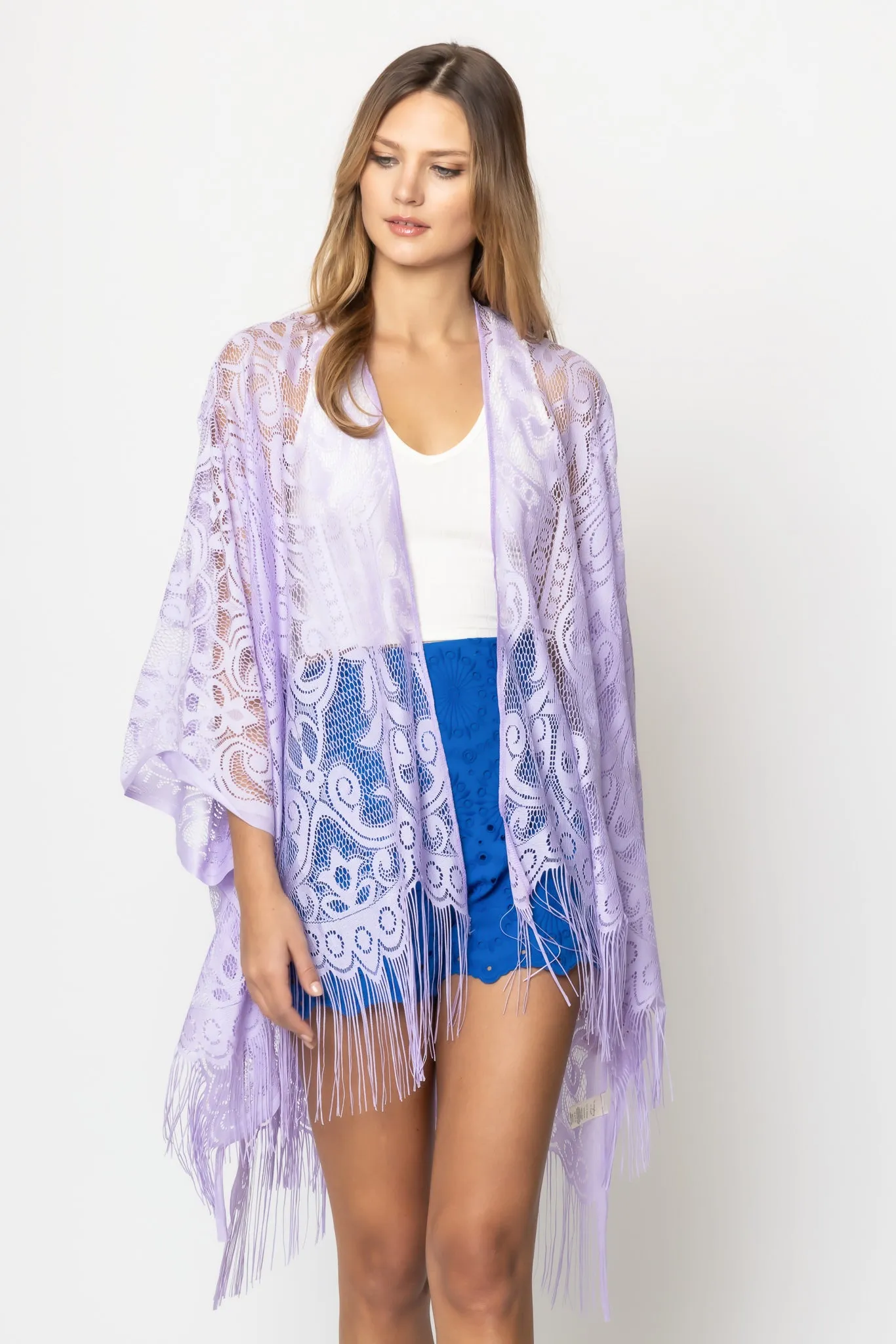 Floral Pattern Lace Kimono With Fringe