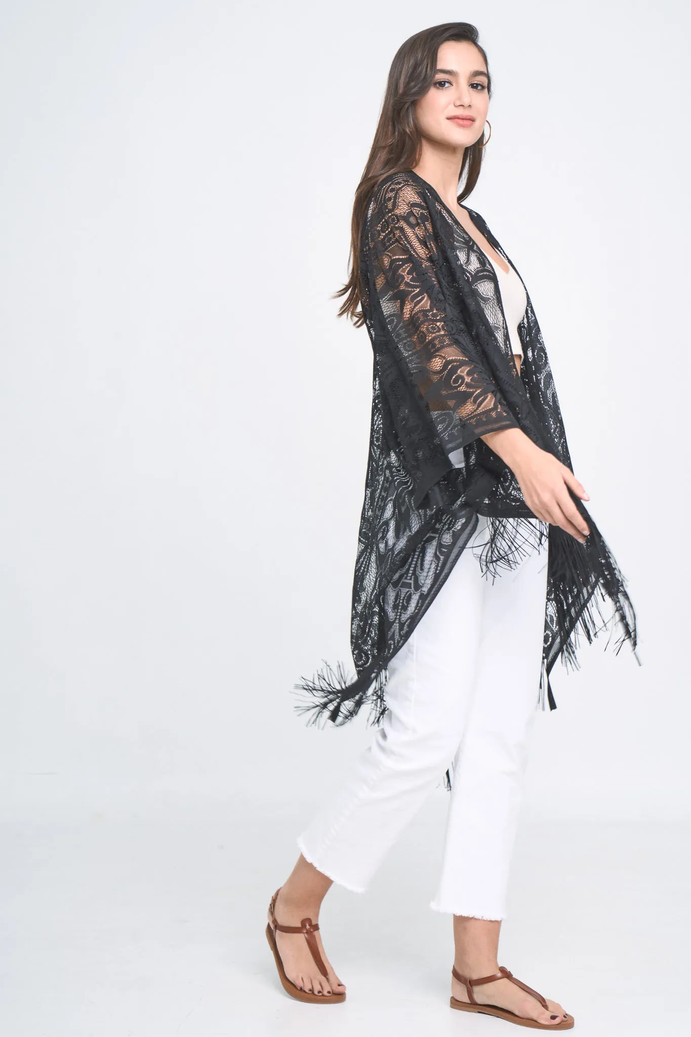 Floral Pattern Lace Kimono With Fringe