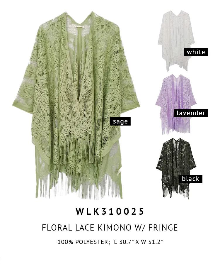 Floral Pattern Lace Kimono With Fringe