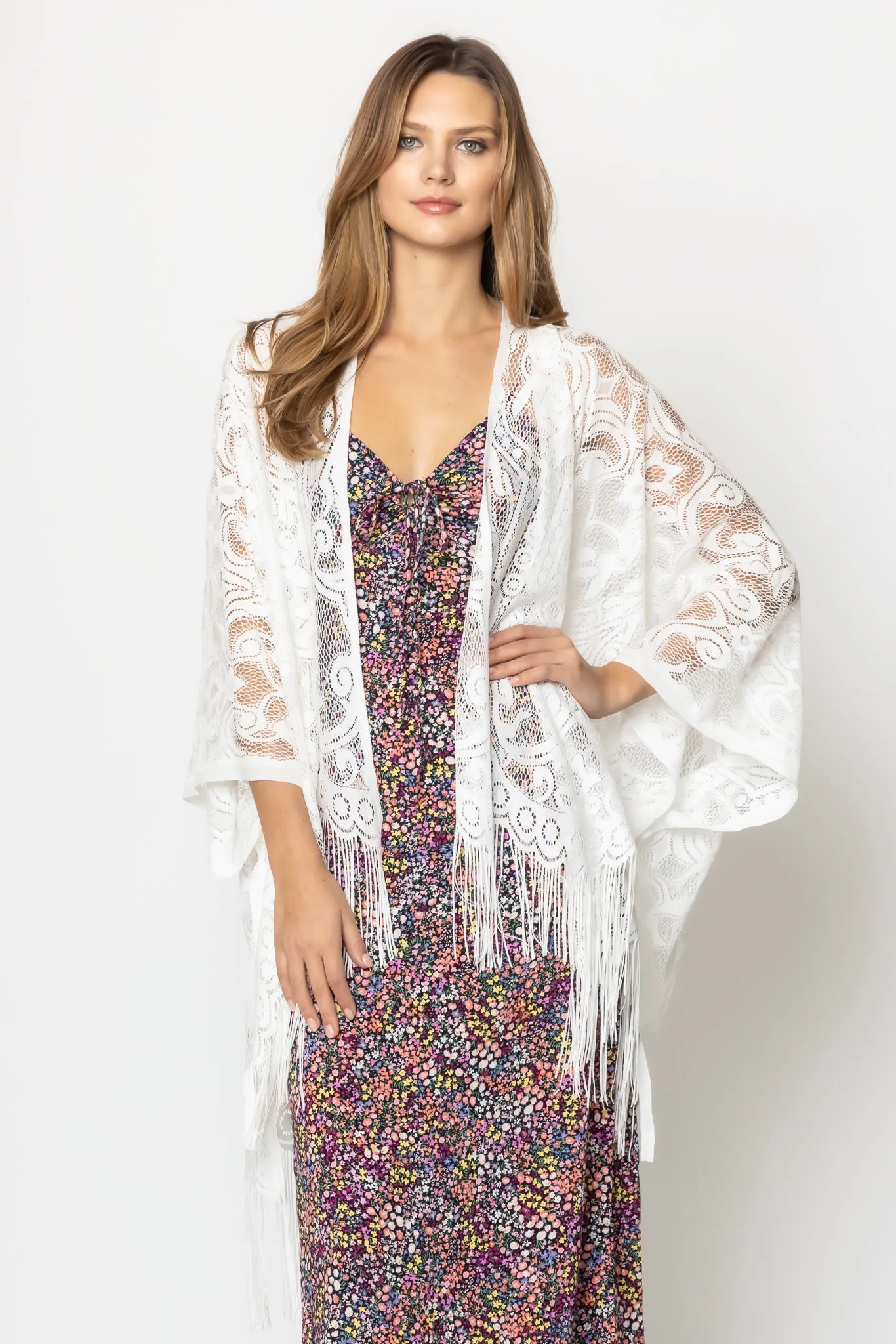 Floral Pattern Lace Kimono With Fringe