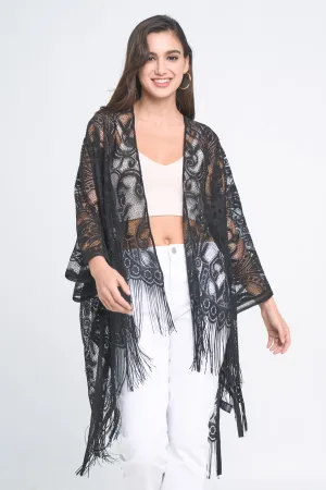 Floral Pattern Lace Kimono With Fringe