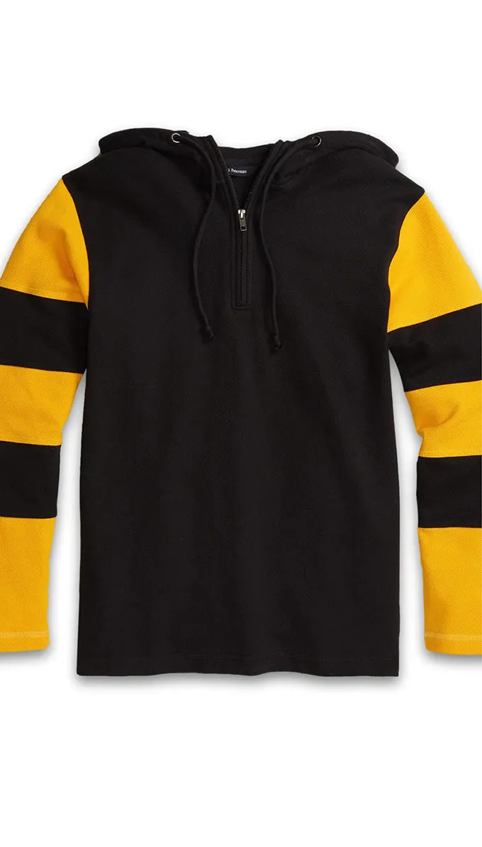 J. Peterman Men's Relaxed Fit Striped Sleeves Hooded Half Zipper Football Sweatshirt in Black and Yellow