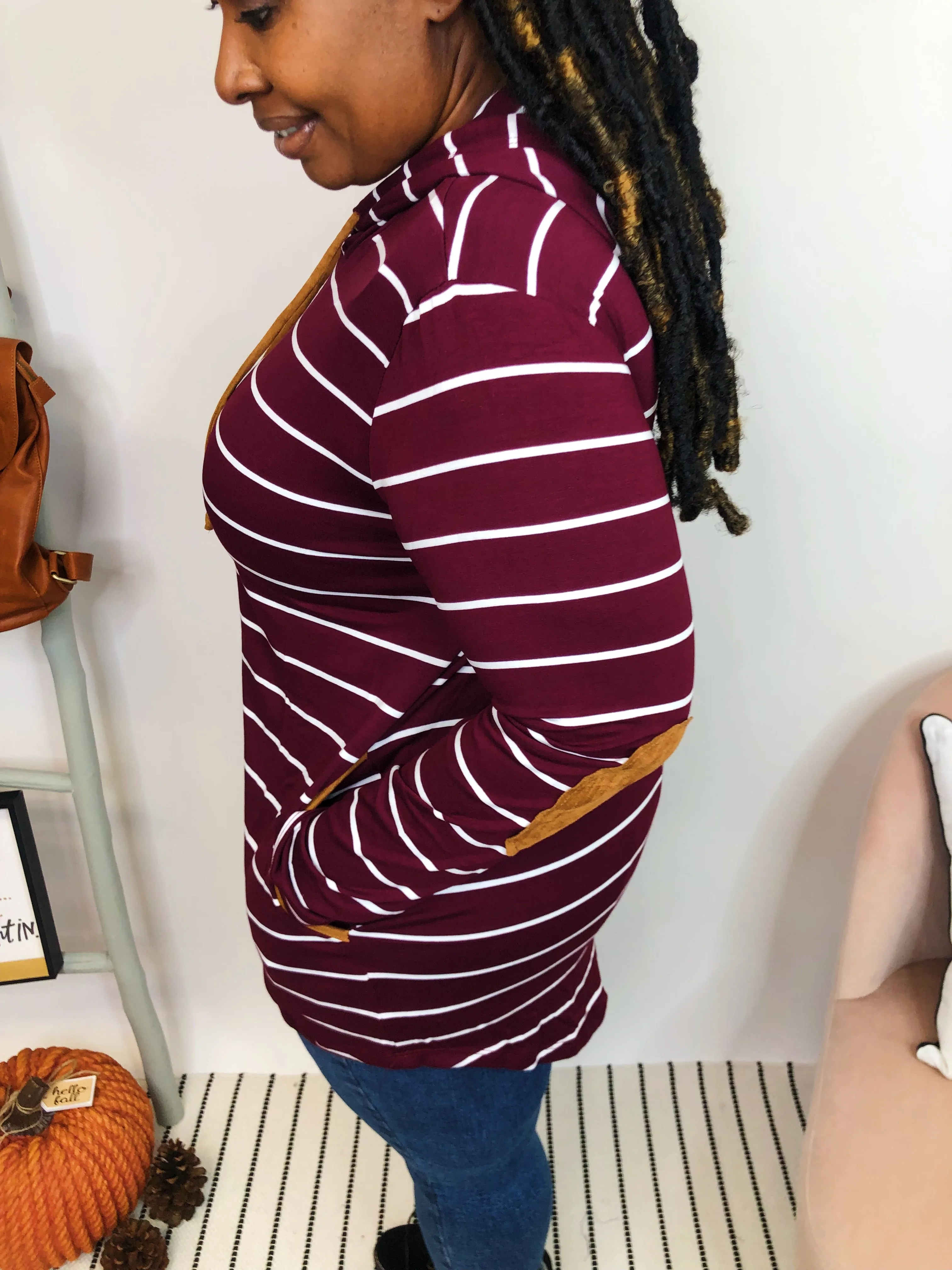 #K875 Stripe It Up Hoodie with Elbow Patches (WINE)