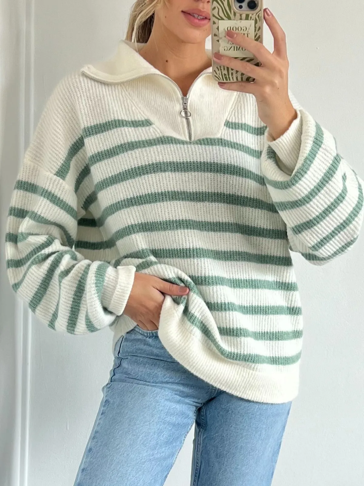 Kianna Stripe Quater Zip Knitted Jumper / Sage