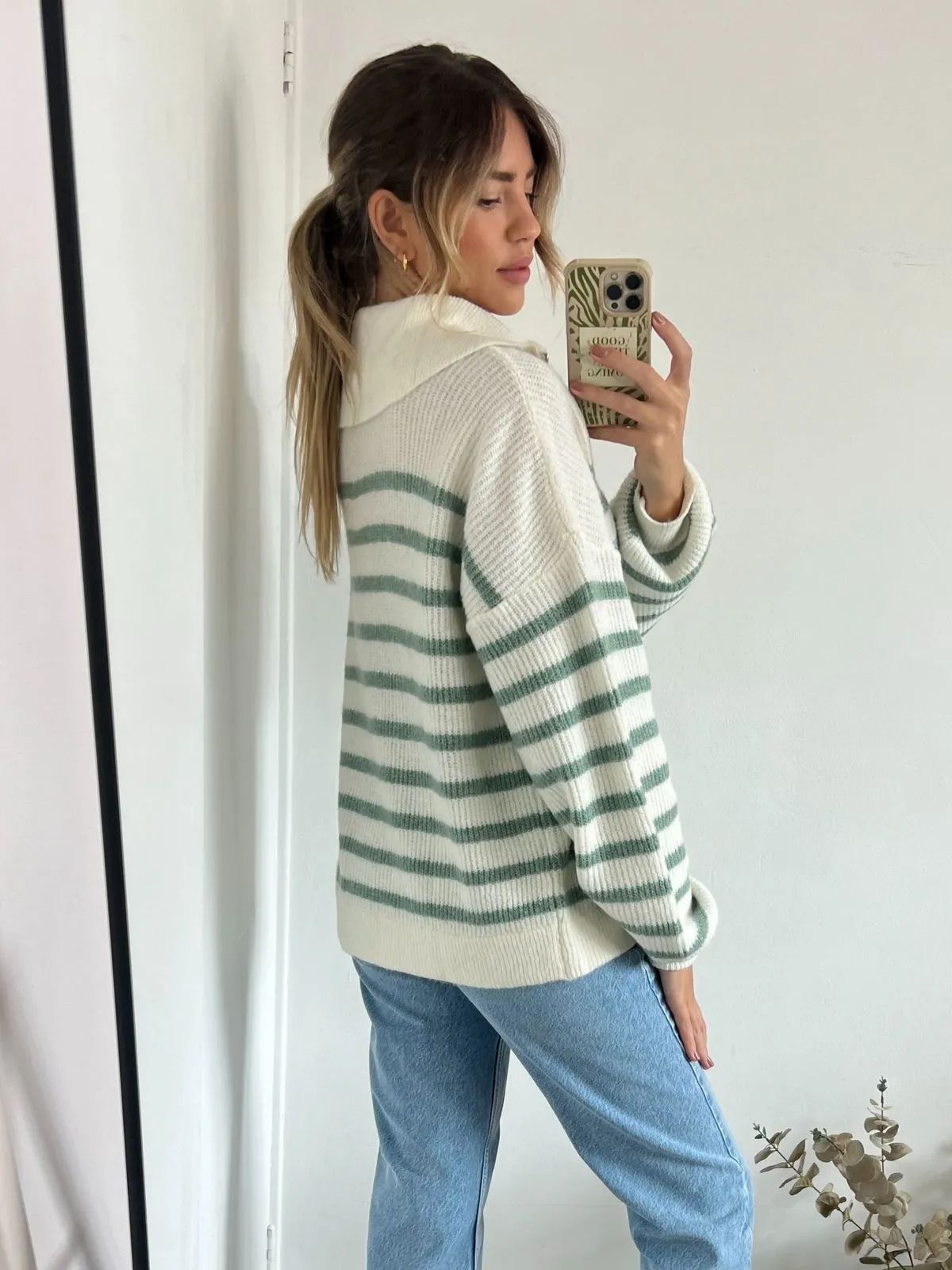 Kianna Stripe Quater Zip Knitted Jumper / Sage