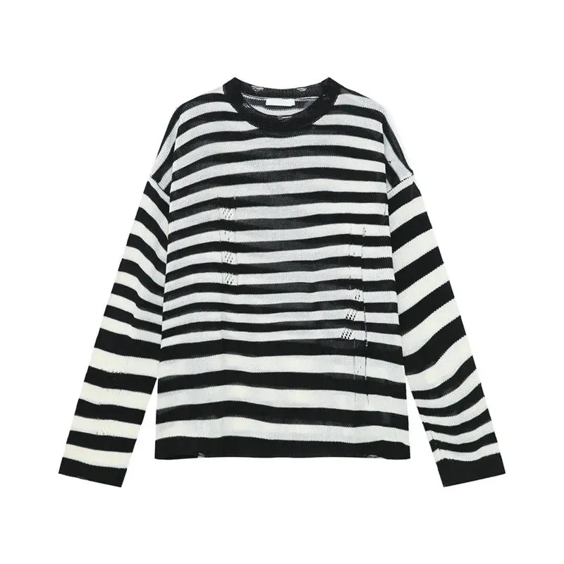 Korean Style Men's Sweater Hollow Out Striped Contrast Color Male Pullovers Round Collar Menwear Tops Autumn Trend 9C7037