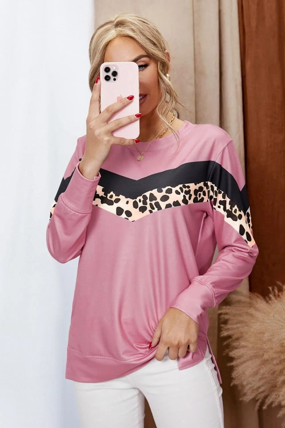 Leopard-Print Patchwork Hoodless Sweatshirt