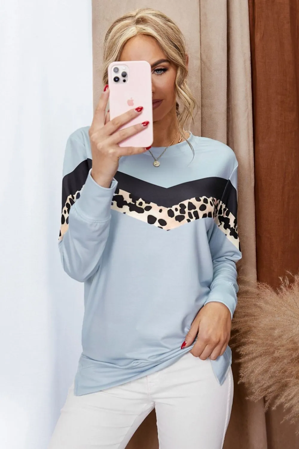 Leopard-Print Patchwork Hoodless Sweatshirt