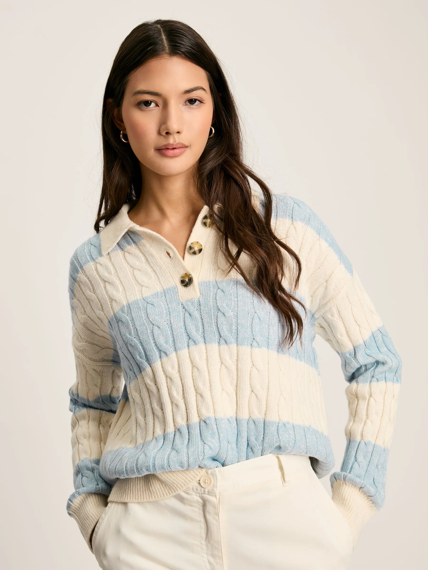 Love All Blue Cable Knit Jumper with Button Collar