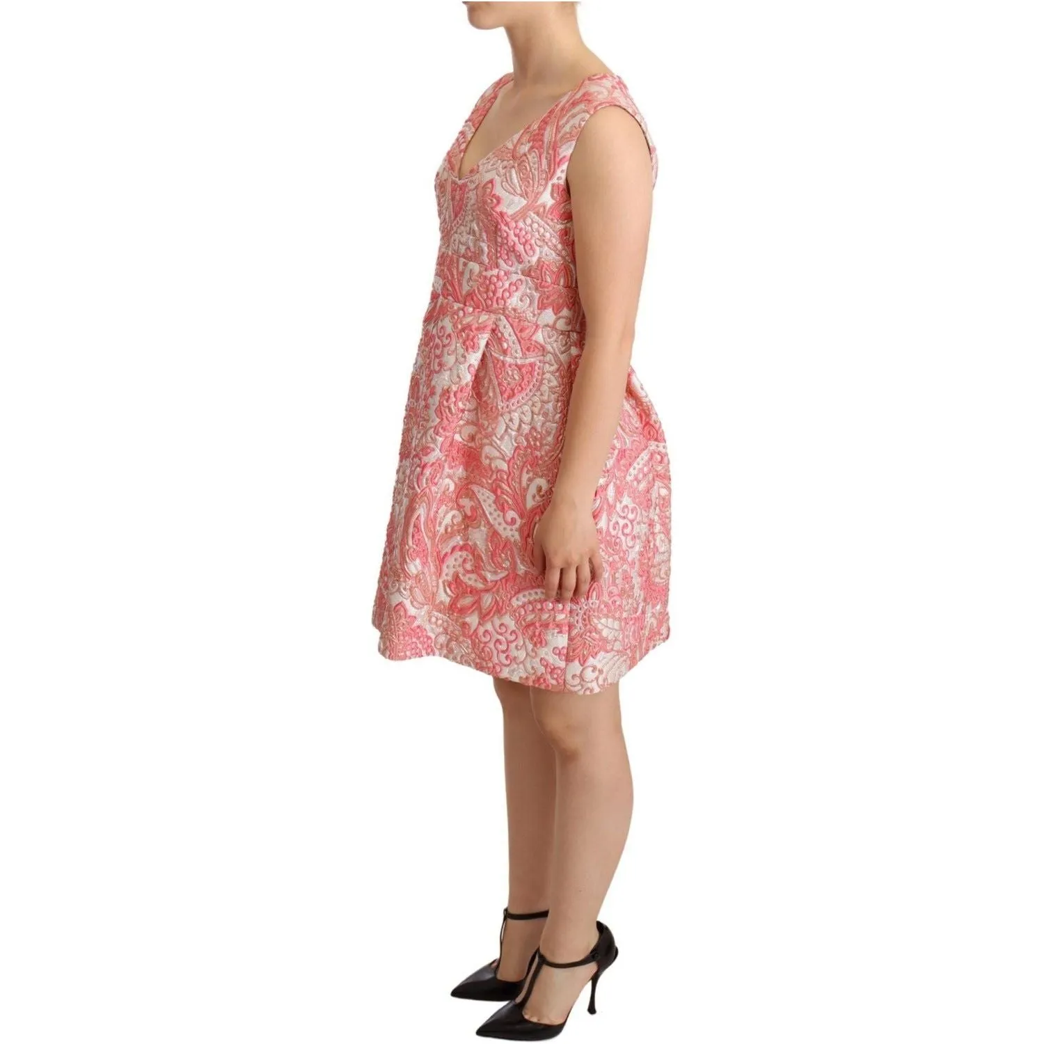 Pink Floral Jacquard Pleated Sheath Dress