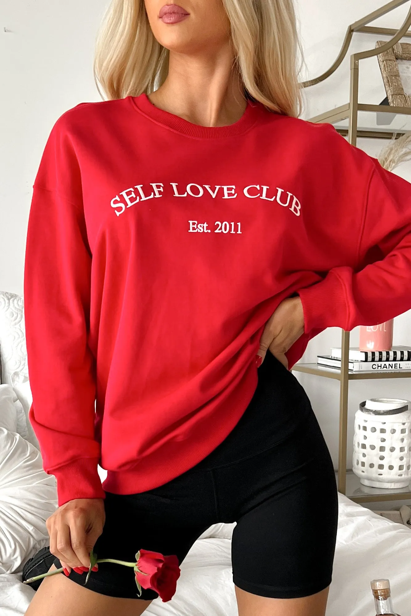 "Self Love Club" Embroidered Sweatshirt (Red)