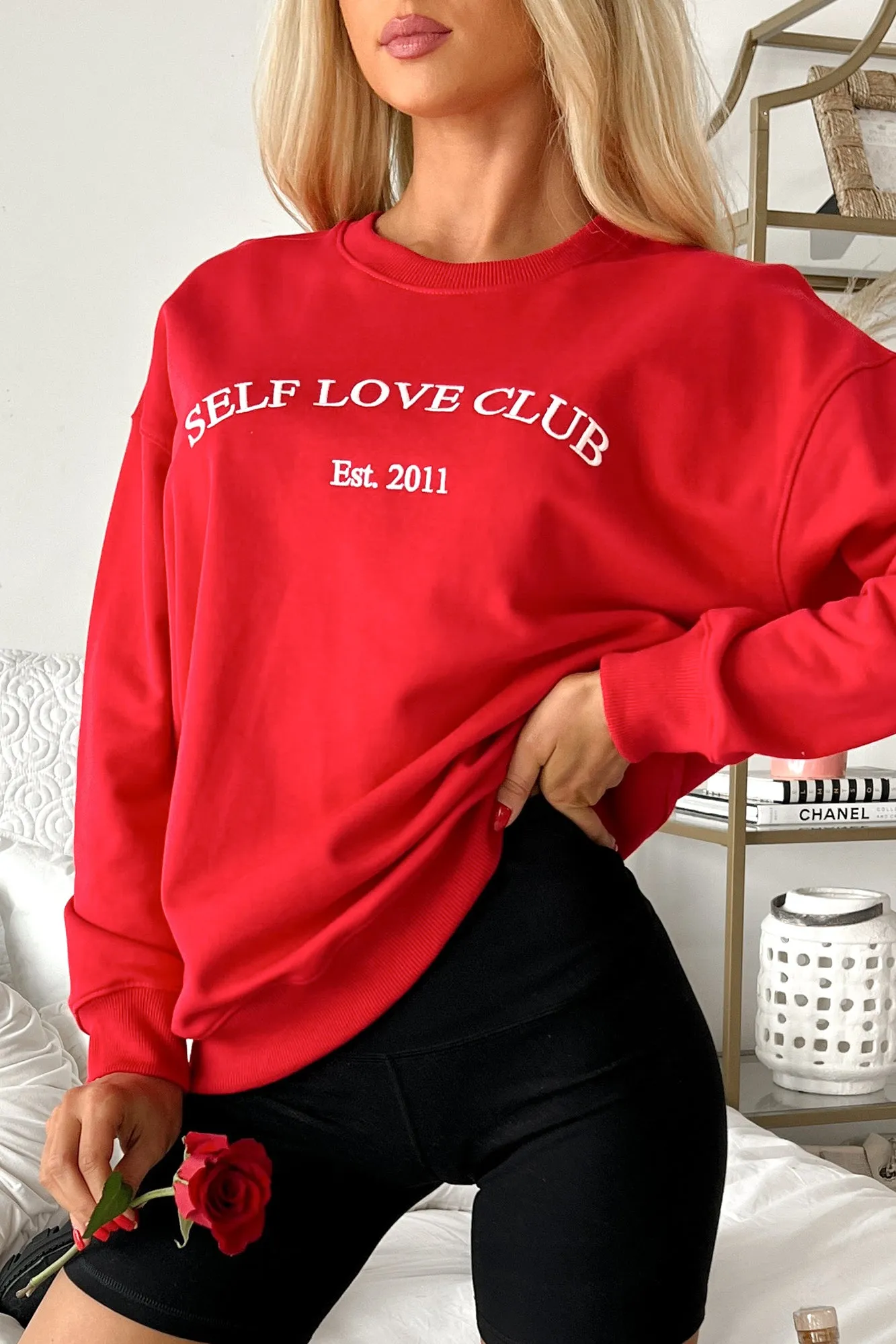 "Self Love Club" Embroidered Sweatshirt (Red)